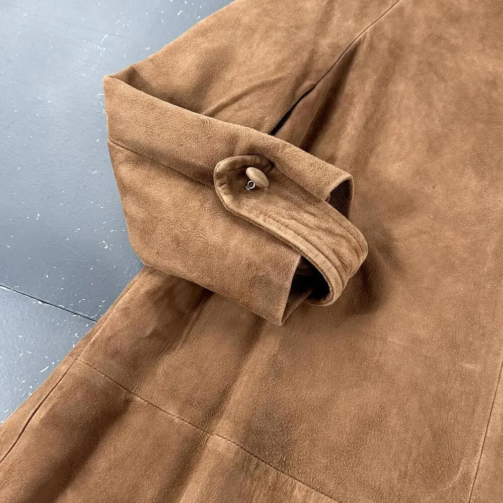 VTG Suede Leather Trench Coat Womens Med/LRG Brown Soft Duster Boho Chic 60's - Picture 9 of 10